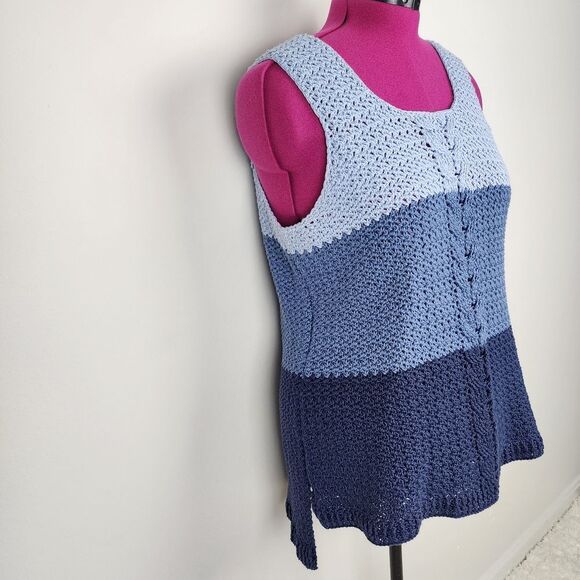 Crochet Tank Top High-low Hem Handmade Handcrafted Blue 3 Tones - Picture 4 of 16